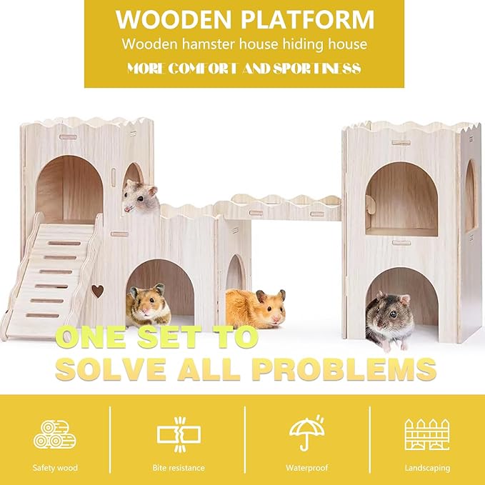 Large Wooden Hamster House Castle with Double Decker,Large Hamster, Wooden Hamster Houses,Dwarf Hamster Habitat Hideout with Climbing Ladder,Large Guinea Pig Castle Detachable Hideouts(B)