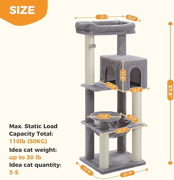 Large Cat Tree with Reinforced Scratching Posts (φ3.1in) for Big Adult Cats 30 lbs, 57.8" Heavy Duty Cat Tower with Larger Hammock and Condo, Cat Furniture for Maine Coon, Plush,Grey