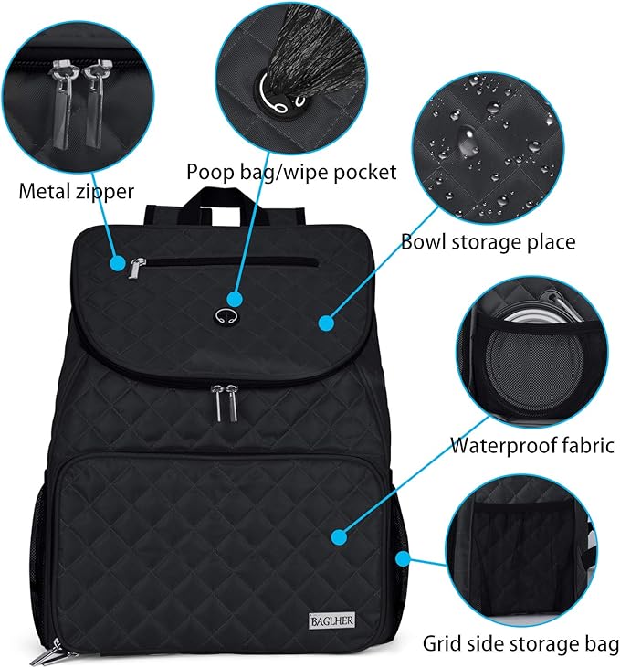 BAGLHER Dog Travel Bag, Airline Approved Pet Supplies Backpack, Dog Travel Backpack with 2 Silicone Collapsible Bowls and 2 Food Baskets, Black