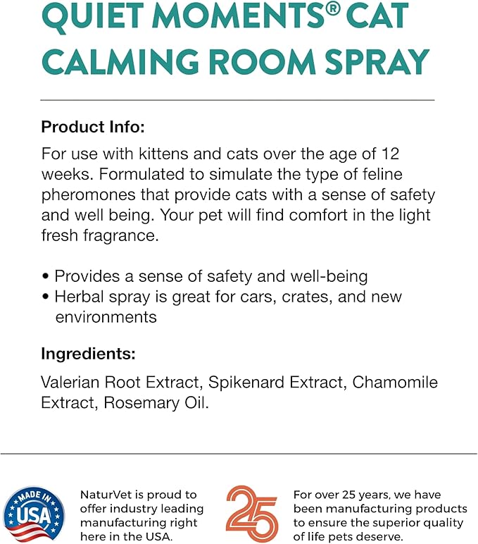 NaturVet Hemp Quiet Moments Plus Hemp Seed for Cats, 60 ct Soft Chews, Made in USANaturVet Quiet Moments Herbal Calming Spray, 8 Ounce- Feline