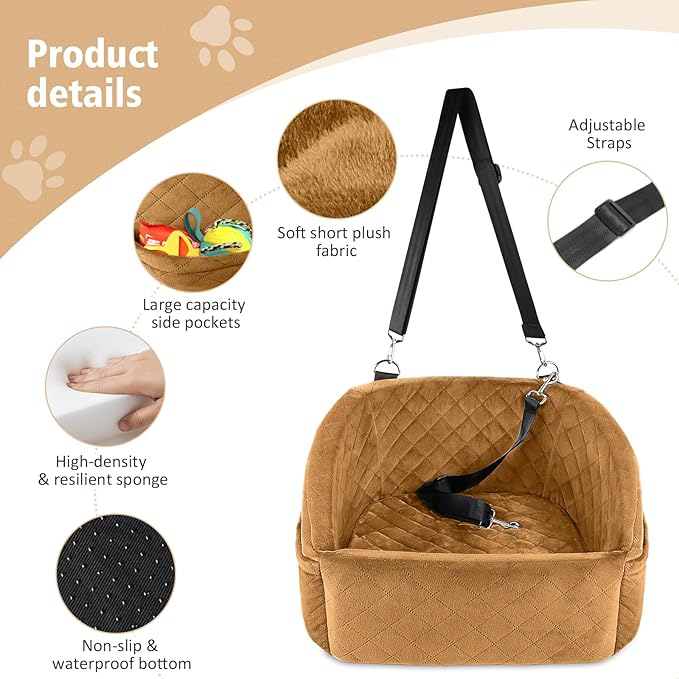 Dog Car Seat for Small Medium Dogs,Detachable Washable Dog Booster Seat Under 30lbs,Pet Car Seat Travel Bed with Storage Pockets and Dog Safety Belt(Brown