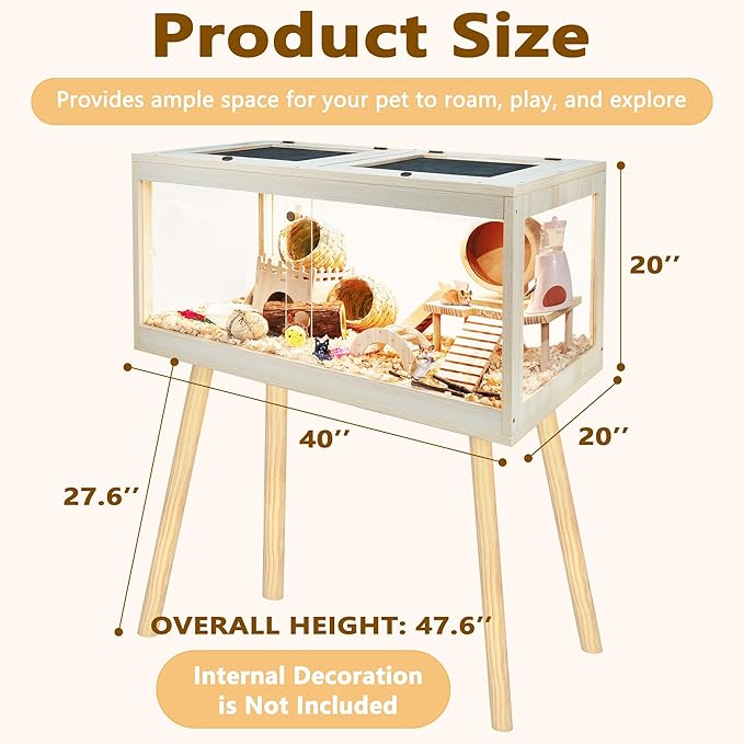 Hamster Cage Chewproof, Mice and Rat Habitat with Transparent Sides, Hamster House with Openable Mesh Top, Solid Built with Lock Design and Leg Stand, 40" Wide