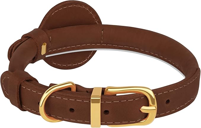OOPSDOGGY Rolled Leather Dog Collar with Airtag Holder - Reflective Round Airtag Dog Collar - Soft Tracking Pet Collar for Small Dogs Puppy Cats Kitten (Brown, XS, 8"-11")