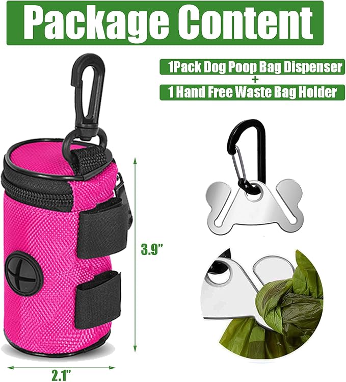 Dog Poop Bag Holder for Leash Attachment - Waste Bag Dispenser for Leash - Fits Any Dog Leash - Portable Set with Hand Free Holder Metal Carrier, Round Shape, Pink