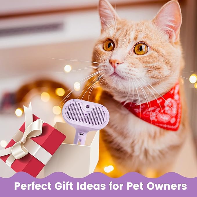 3 in 1 Cat Steam Brush, Pet Spray Hair Removal Comb for Shedding & Grooming, Water Brush for Cats Dogs Small Animals Long Short Haired with One-Click Release Button(Purple)