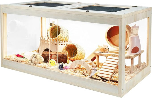 Hamster Cage Wooden, Mice and Rat Habitat, Hamster Cage with Openable Mesh Top, Clear Acrylic Solid Built with Lock Design, Oak 40"