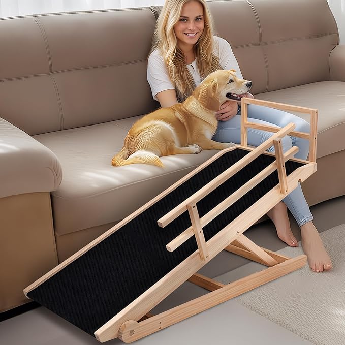 Dog Ramp, 5 Level Adjustable Height Folding Pet Ramp for High Bed, Portable Paw Ramps Large Bed Ramp for Medium & Large Old Dogs & Cats - Natural Wood Furniture Quality