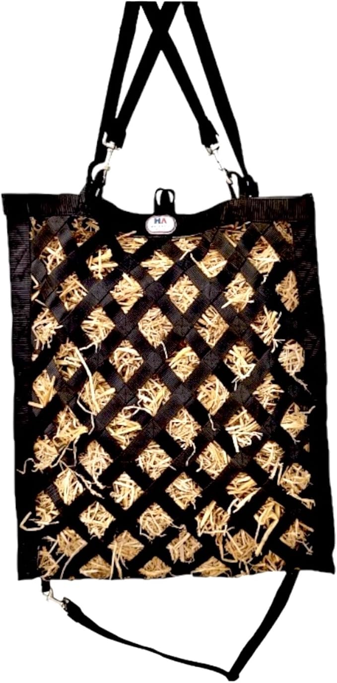 Majestic Ally Premium Nylon Hay Bag for Horses and Livestock, Simulates Grazing, Slow Feeding, Heavy-Duty PP Webbing,Quick-Adjust Straps, Small Hole for Digestion, Multiple Colors (Black)