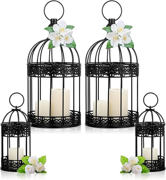 Sliner 4 Pcs Bird Cage Decorative Candle Holder Vintage Candle Holder Cage Lanterns Model for Modern Table House Home Decoration(Black)