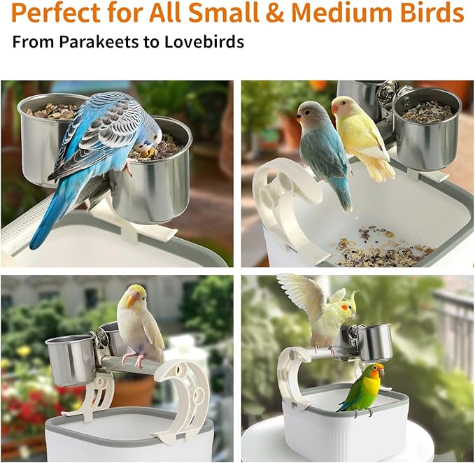 Bird Desktop Training Stand with Detachable Stainless Steel Double Bowls Feeder-Portable Bird Perches Stand with Detachable Base for Parakeets, Lovebirds&Medium-Sized Birds, Parakeet Cage Accessories