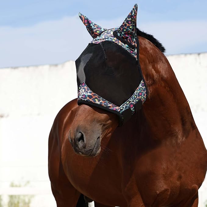 Harrison Howard Pro LumiVista Horse Half Face Fly Mask Large Eye Space with Ears UV Protection for Horse Iridescent Prints M