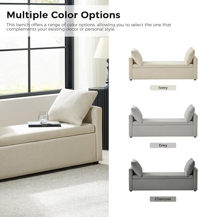 HULALA HOME Modern Storage Ottoman Bench with Throw Pillows, 59" Extra Long End of Bed Bench with Storage Pocket, Comfy Upholstered Footstool for Bedroom Entryway Living Room, Ivory