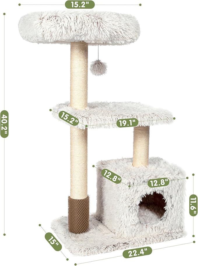 KAMABOKO 41" Tall Modern Cat Tree - Wooden Cat Tower with Cat Condo, Hammock & Top Perch, Cute Wood Cat Tree Natural Sisal Posts for Climb Scratch Play Rest
