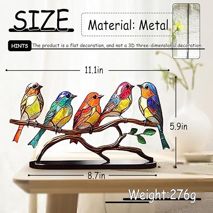 5 Birds on a Branch, Metal Desktop Decorations, Home Bird Decorations for Office, Window, Aviary, Garden, Gifts for Bird Lovers, Boxed Set.