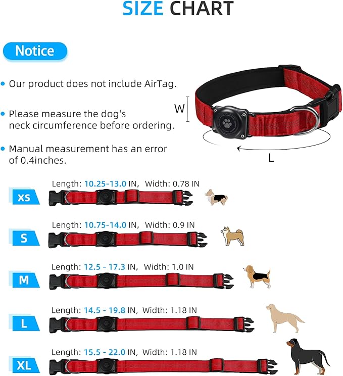 Upgraded AirTag Dog Collar, IP68 Waterproof Air Tag Dog Collar Holder, Reflective, Ultra-Durable, Comfortable Padded, Heavy Duty Dog Collars for Small Medium Large Dogs (XS (10.25"-13"), Red)