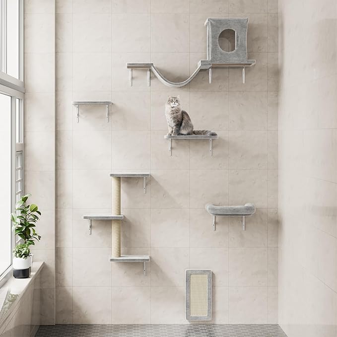 NUNU LAB Wall Mounted Cat Furniture, 6 Pcs Cat Wall Shelves with Condo House, Bridge, Steps, Scratcher, Hammock, Indoor Safe & Stable Furniture for Kittens Play, Gray