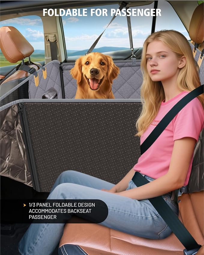 Back Seat Extender for Dog, Waterproof Dog Car Seat Cover for Back Seat, Hard Bottom Car Seat Cover, Large-Space Hammock for Car Truck SUV, Pet Seat Cover Holds 450lbs(Grey)