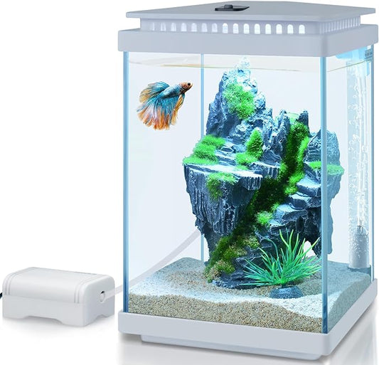 FEDOUR Small Glass Aquarium, 1 Gallon Desktop Fish Tank, Betta Fish Tank, Mini Aquarium Starter Kit with Air Pump LED Light Decoration Water Changer Fish Net (White)