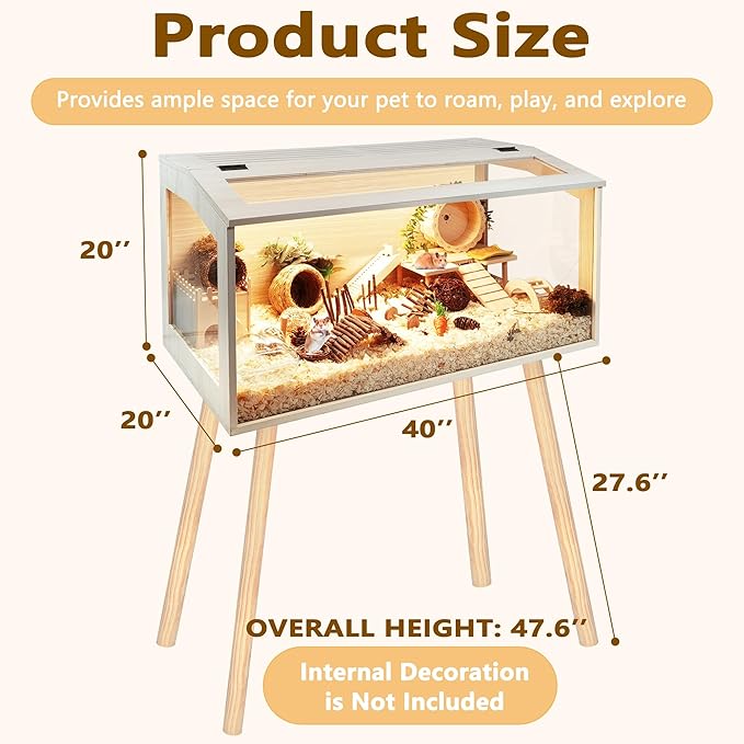 Hamster Cage Wooden Chew Proof, Extra Large Mice and Rat Habitat Openable Top with Acrylic Sheets Solid Built Small Animal Cage with Leg Stands, 40 Inch Long