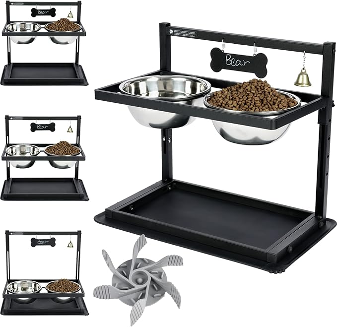SHAINFUN Elevated Dog Bowls - Slow Feeder, Raised Stand with Two 1700ML Stainless Steel Bowls, Spill Proof Mat for Large & Medium Dogs
