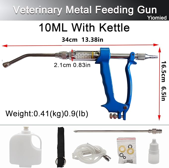 10ML Veterinary Metal Feeding Gun, Continuous Drench Gun Dosing Device Veterinary Adjustable Medicine Dispenser Husbandry Autonomous Feeding Tool, for Pig Cow, Sheep, Horse (Blue, 10ML+Kettle)