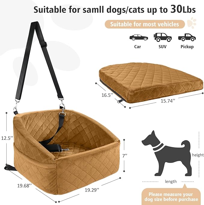 Dog Car Seat for Small Medium Dogs,Detachable Washable Dog Booster Seat Under 30lbs,Pet Car Seat Travel Bed with Storage Pockets and Dog Safety Belt(Brown
