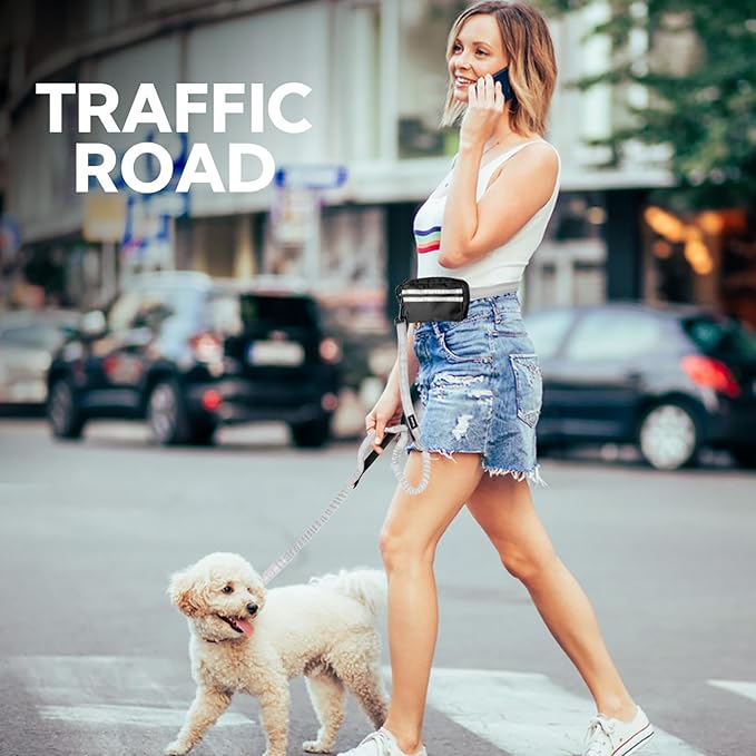 Hands Free Dog Leash, Adjustable Waist Belt with Double Padded Handles, Retractable Bungee for Medium & Large Dogs, Waist Leash for Dog Walking, Running, No Pull, Grey