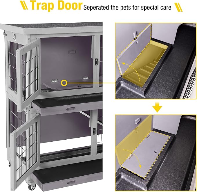 Aivituvin Rabbit Hutch Indoor, Folding Bunny Cage with Two Story, Rabbit Cage with Wheels, Anti Slip Ramp