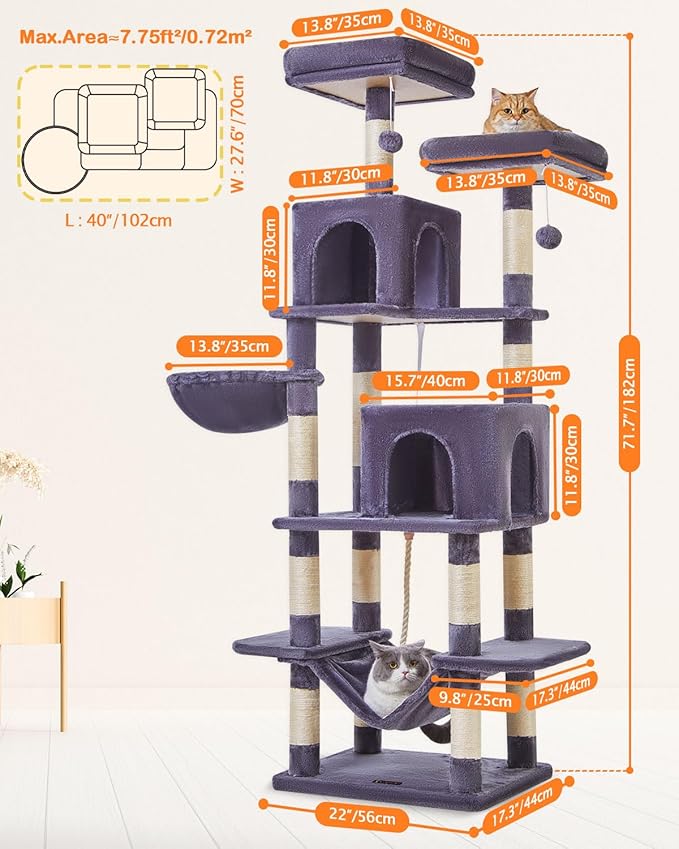 Taoqimiao Cat Tree, 71.7-Inch Cat Tower for Indoor Cats, Plush Multi-Level Cat Condo with 13 Scratching Posts, 2 Perches, 2 Caves, Hammock, 2 Pompoms,Smoky Gray MS013LG