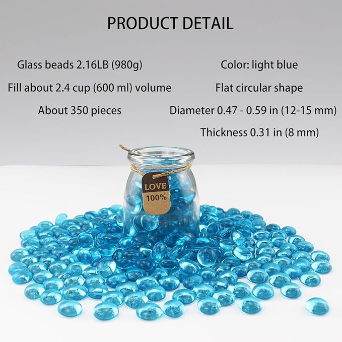 2.16LB Glass Beads Vase Filler Aquarium Gravel Decor Flat Glass Marbles Gems Pebbles Fish Tank Rocks Home Decorative Art Craft - Light Blue
