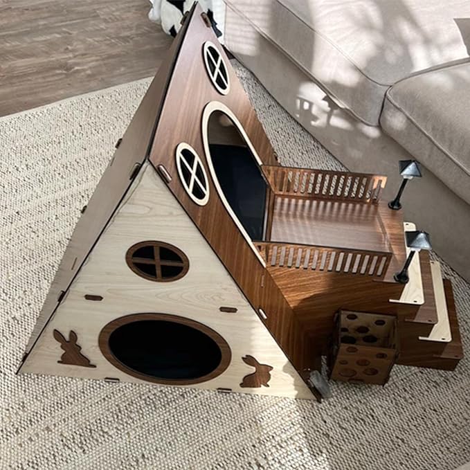 Large Modern Wooden Rabbit Castle House Hutch - Bunny Hideout Indoor Habitats - Pet 2-Story Home Furniture(Excluding Street Lights)