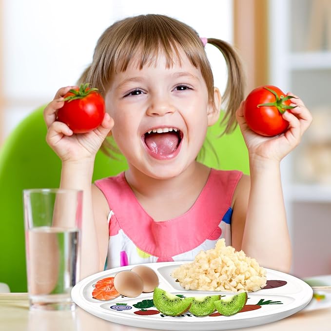 10" 3-Grid Cute Cartoon Portion Control Plate - Melamine, Healthy Nutrition for Weight Loss & Diabetes Management, Ideal for Adults & Teens Kids (4 Pack)