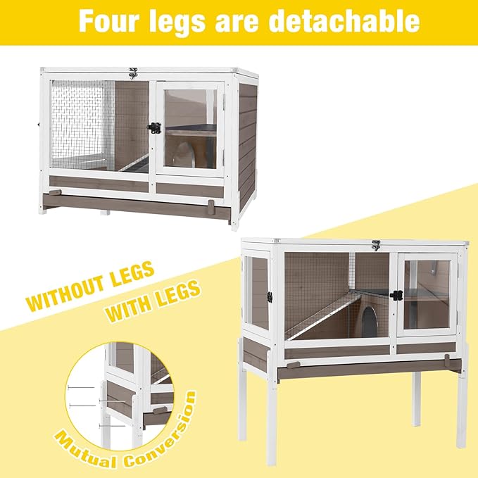 Aivituvin 2-Story Rabbit Hutch with Anti-Chew Ramp & Zinc Sheet - 36.6" Indoor Guinea Pig Cage, Wooden Stand, Pull-Out Tray & Leakproof Floor (Brown)