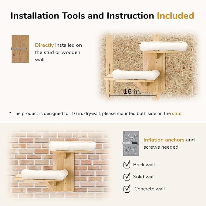 FUKUMARU Cat Wall Shelves, 2 Platform Cats Walls Furniture, Tree Shape Kitten Floating Shelf with Soft Cushion Perch, Solid Rubber Wood for 16 Inch Drywall, Suitable for Climb, Play, Nap