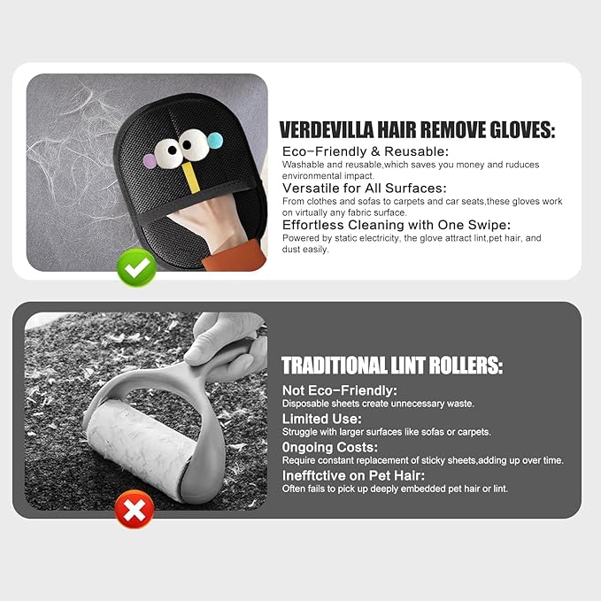 Pet Hair Removal Glove, Newly Upgraded Electrostatic Pet Hair Removal Gloves, Reusable Pet Hair Remover Tool for Furniture, Carpet, Car Seat