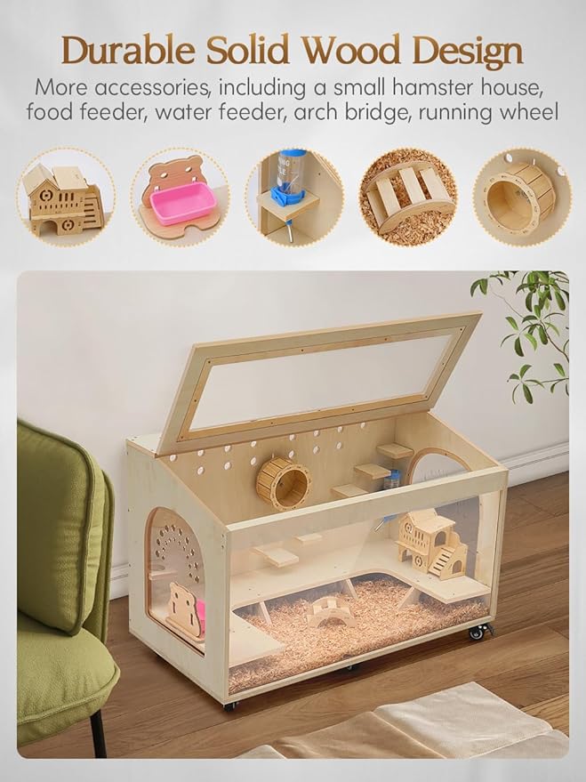 Hamster Cage Large 32 inch Guinea Pig Cages Hamster Cages Enclosure and Habitats Mice Rat Cage with Platform Openable Top Acrylic Sheets Wooden Chewproof Small Animal Cage for Hedgehog Mouse Gerbil