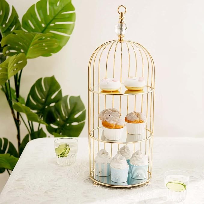 Efavormart 22" - 3 Tier Crystal Mirror Top Gold Metal Bird Cage Cupcake Cake Stand, Dessert Display for Wedding, Party, Birthday, Baby Shower Celebrations, Home Decorations