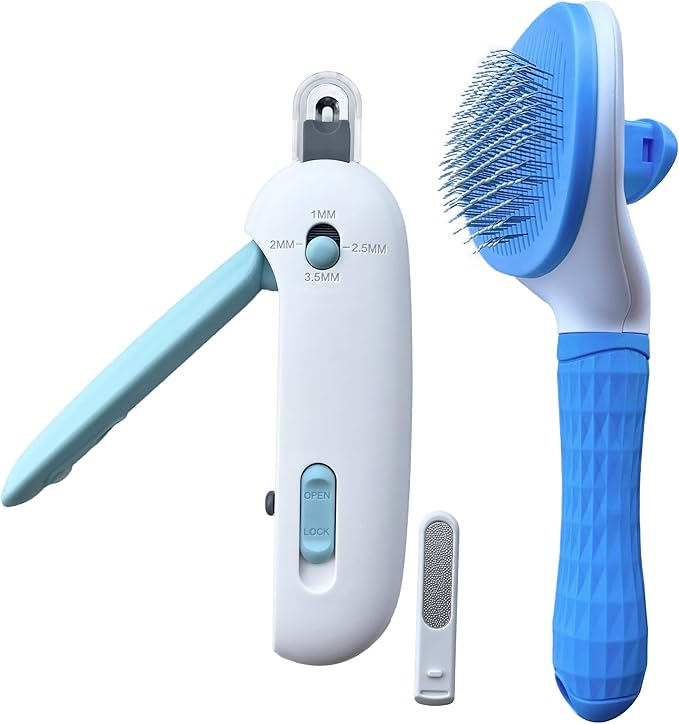 Pet Gromming Kit Nail Clipper&Hair Brush for Dog&Cat Brush Self Cleaning Slicker Brush with Release Button, Dog Shedding Brush for Cat Grooming Comb Rabbit Nail Clipper with Nail File Dog Claw Trimmer