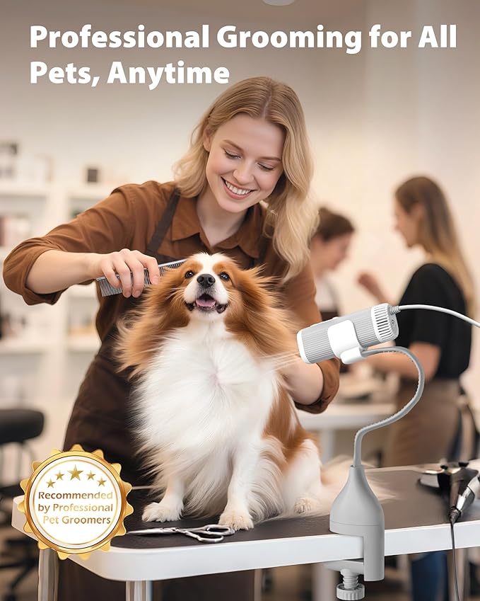 L&W BROS. 2-in-1 Pet Hair Dryer with Clamp Stand – Wearable & Hands-Free Dog Grooming Dryer, 950W Low Noise Blower with 5 Heat & 3 Speed Settings, for Small to Medium Pets (gray)