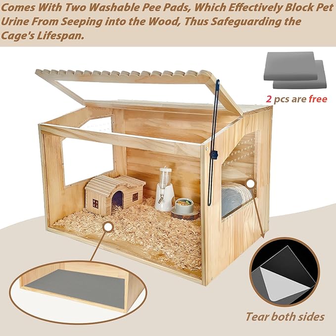 Wooden Hamster Cage, 24" Lx16 Wx16 H,Guinea Pig Cage, Small Animal Cage for Dwarf Syrian Hamsters Degus Mice & Other Small Pets. Hamster Habitat with Openable Top and Large Acrylic Sheets