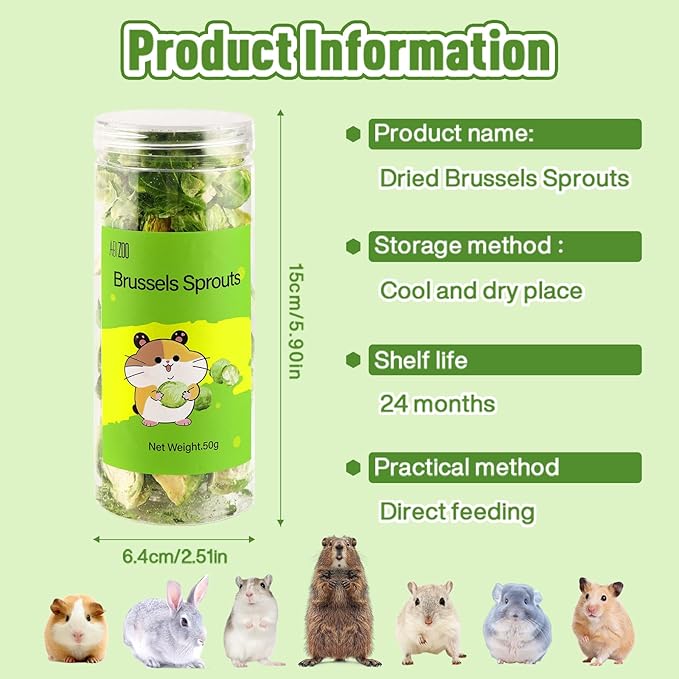 Abizoo Freeze Dried Brussels Sprouts Rabbit and Hamster Chew Treats Resealable Jar for Hamsters Bunny Guinea Pigs Groundhogs Natural Fiber Vitamin Snacks