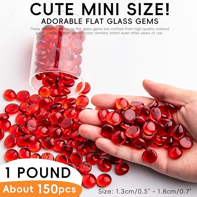 1 LB Red Glass Marbles, Mini Flat Glass Beads~150 PCS for Vase Fillers, Floral Bottom Mancala Gems Pebbles Fish Tank Rocks for Table Aquarium,Home Decor Art Craft Supplies(0.5"~0.7")