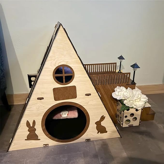 Large Modern Wooden Rabbit Castle House Hutch - Bunny Hideout Indoor Habitats - Pet 2-Story Home Furniture(Excluding Street Lights)