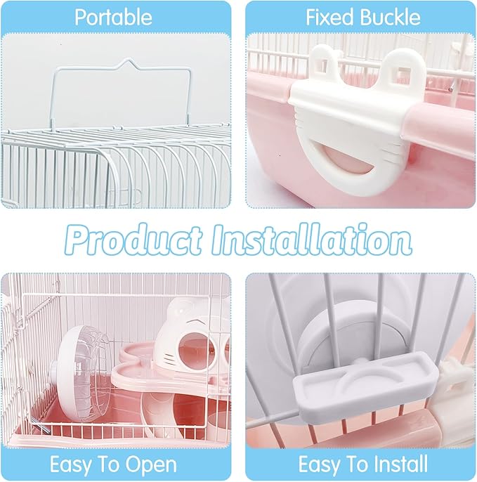 PINVNBY Dwarf Hamster Cage, Small Animal Cages, 2-Tier Travel Portable Mouse Cage Hamster Carrier with Castle House Running Exercise Wheels, Water Bottle and Food Dis(Pink)