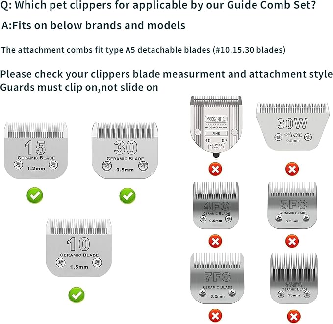 Professional Animal Stainless Steel 4 Color Guide Comb Set Compatible with andis Oster A5 wahl km10 10#/15#/30# Detachable Blade,Cutting Length 19mm-32mm