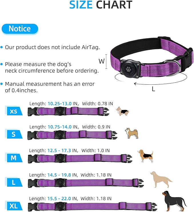 Upgraded AirTag Dog Collar, IP68 Waterproof Air Tag Dog Collar Holder, Reflective, Ultra-Durable, Comfortable Padded, Heavy Duty Dog Collars for Small Medium Large Dogs (XS (10.25"-13"), Purple)