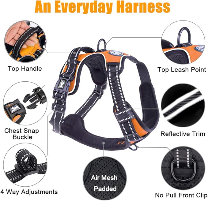 PoyPet No Pull Dog Harness, Reflective Comfortable Vest Harness with Front & Back 2 Leash Attachments and Easy Control Handle Adjustable Soft Padded Pet Vest for Small to Large Dogs (Orange,S)