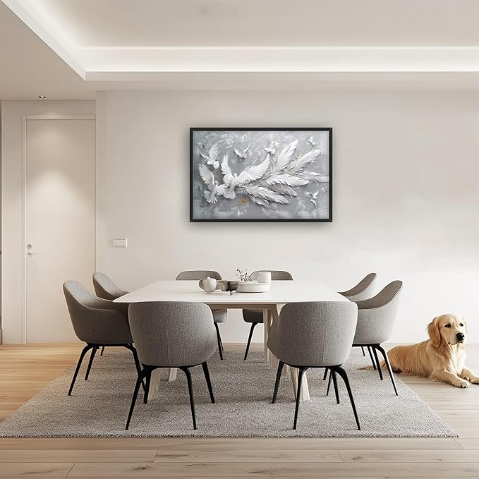 Quorin Feather Dove Bird Large Wall Art White Gray Holy Wings Pictures Peaceful Birds Flying Wall Decor Canvas Print Painting Artwork for Bathroom Living Room Bedroom 36L x 24W