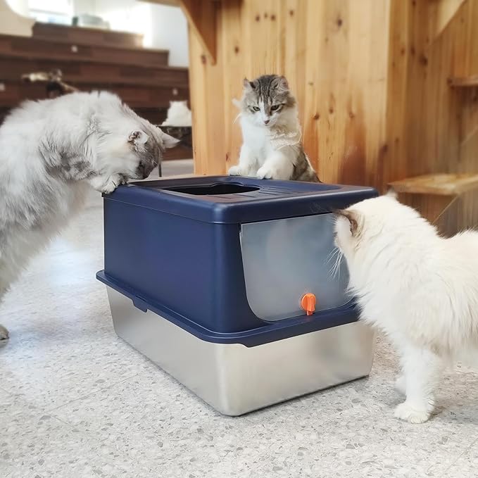 Litter Box with Lid, Stainless Steel Litter Box XL, 14" H Metal Cat Box with High Sides Wall Enclosure, Cat Pan, Non-Sticky, Easy Clean, Anti-Leakage, Blue