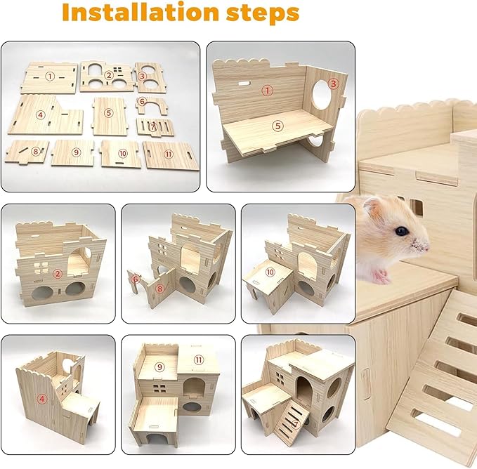 Hamster Toys 5-Piece Set ,Hamster House, Swing, Climbing Ladder, Seesaw & Exercise Wheel,Pet DIY Sport Exercise Toys Set, Small Animal Habitat Accessories ,Gerbils, Mice(Natural Wood)